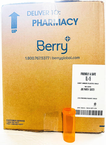 Berry Friendly & Safe VL16 Light Amber Plastic Vials No caps 16 Dram Case 270