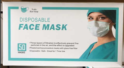 Disposable 3-Ply Face Mask - 50 Each.